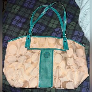 Turquoise & tan Coach purse